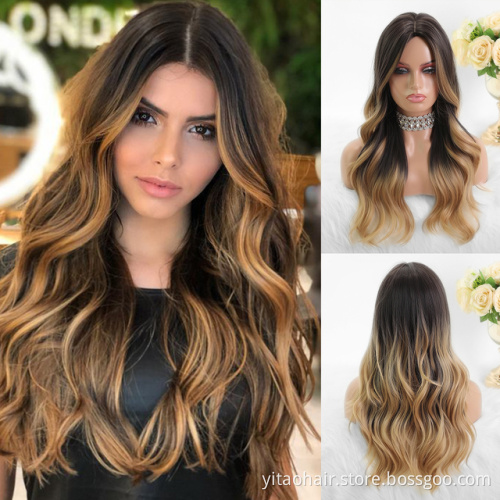 FZY Blonde  Synthetic Wig Ombre Blonde Brown Long Wigs Middle Part Hair Wig Daily Natural Wavy Heat Resistant Fiber for Women